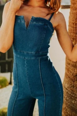 Savannah Sleeveless Wide Leg Denim Jumpsuit Dark Wash