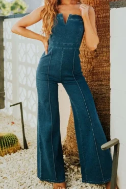 Savannah Sleeveless Wide Leg Denim Jumpsuit Dark Wash