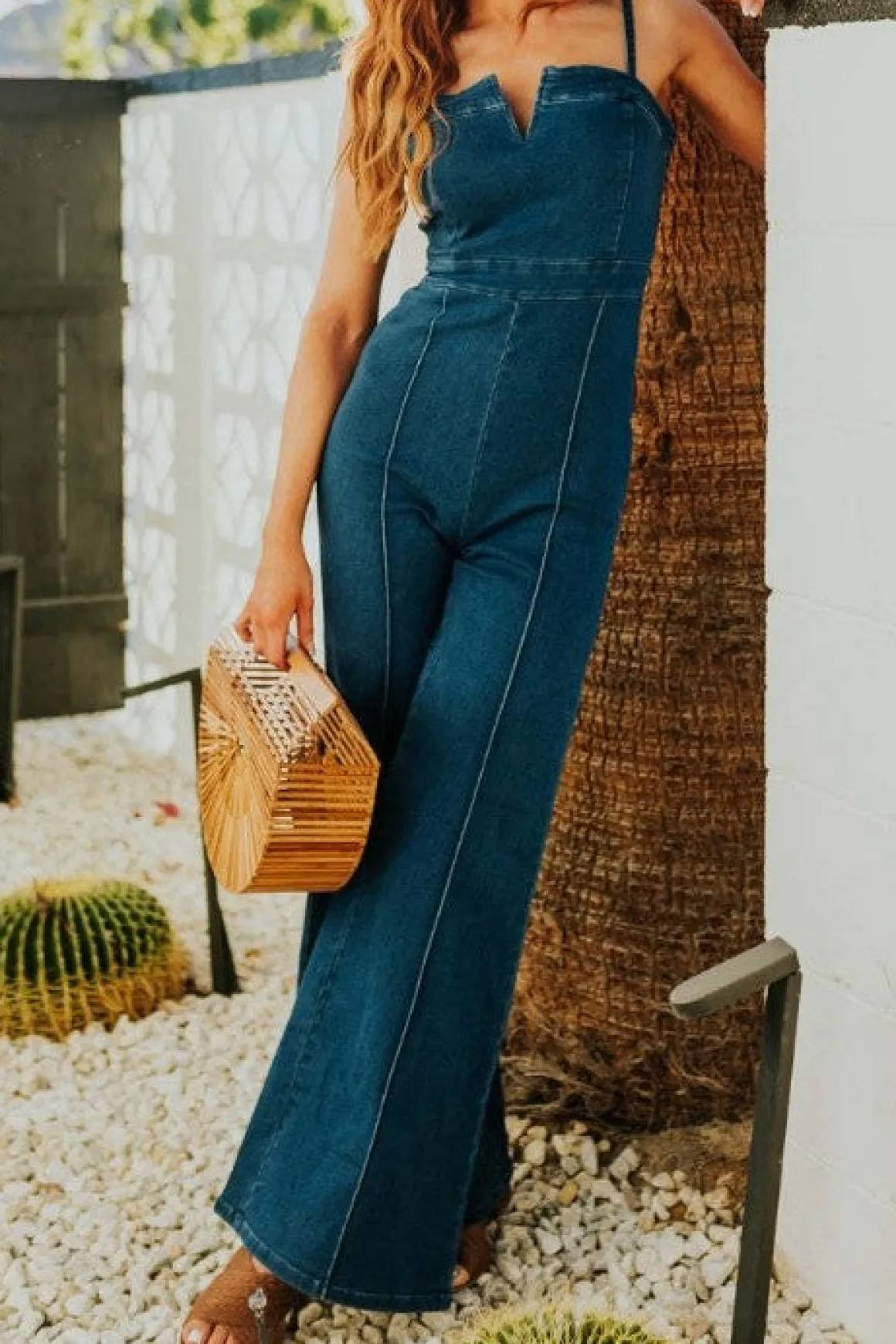 Savannah Sleeveless Wide Leg Denim Jumpsuit Dark Wash