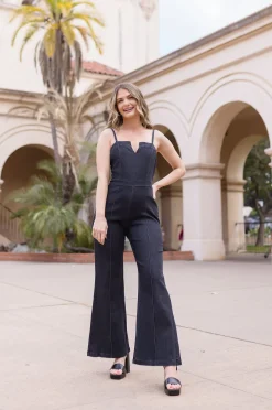 Savannah Sleeveless Wide Leg Denim Jumpsuit Black