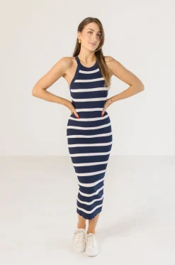 Sawyer Sleeveless Striped Knit Midi Dress Navy