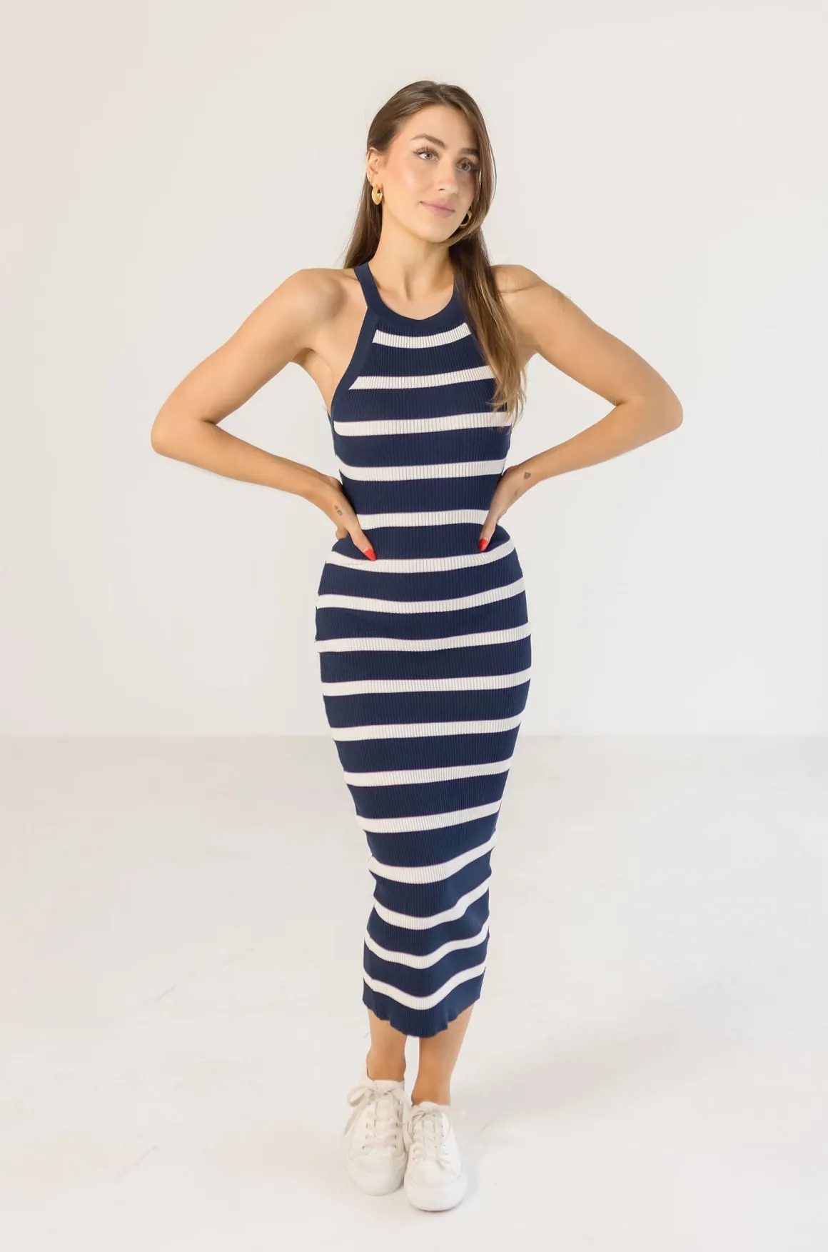 Sawyer Sleeveless Striped Knit Midi Dress Navy
