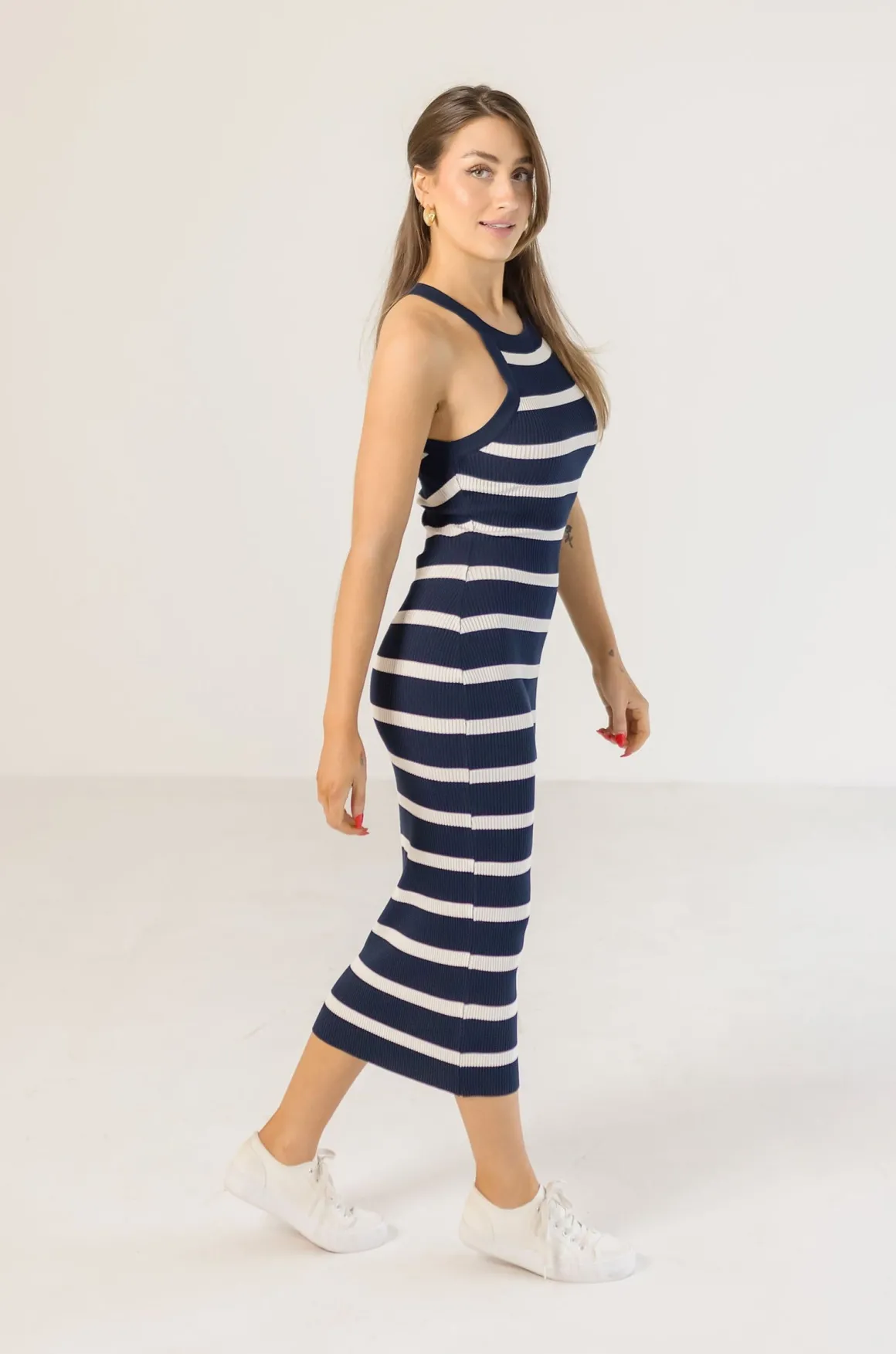 Sawyer Sleeveless Striped Knit Midi Dress Navy