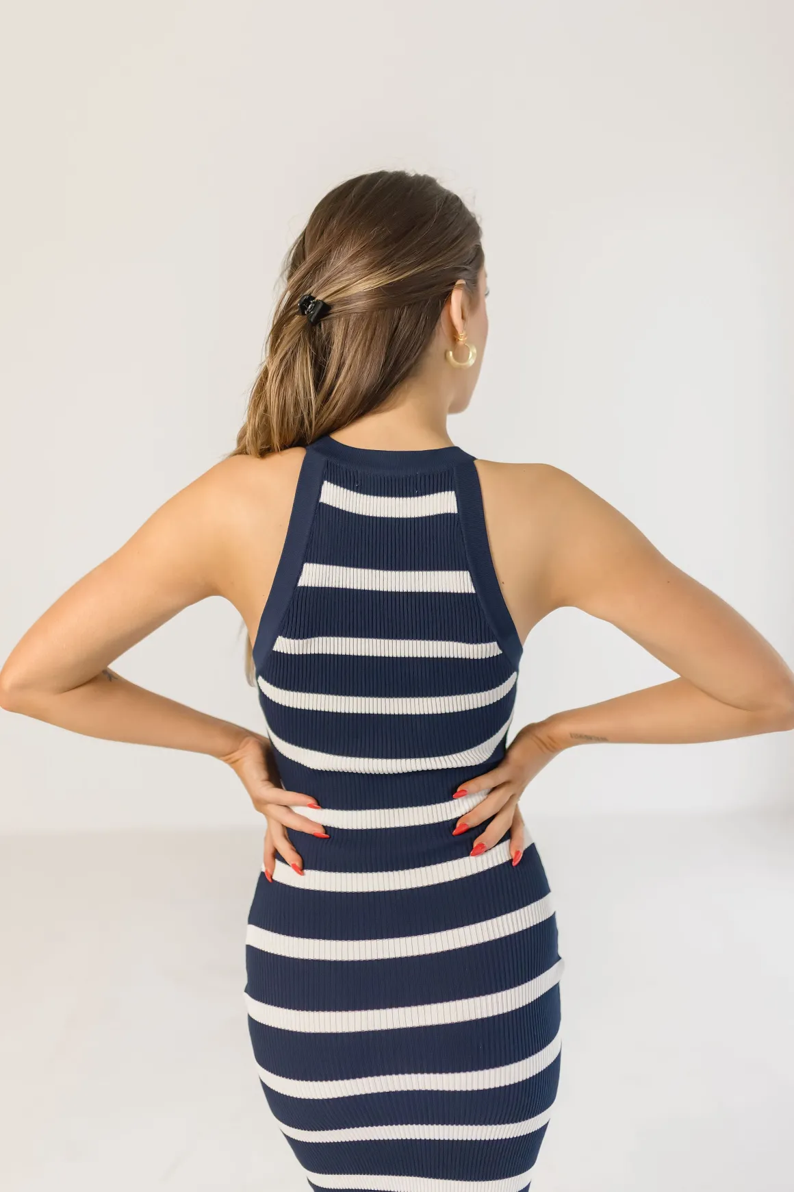 Sawyer Sleeveless Striped Knit Midi Dress Navy