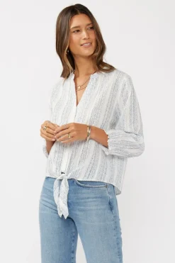 Serenity Long Sleeve Abstract Print Tie Front Top Blue