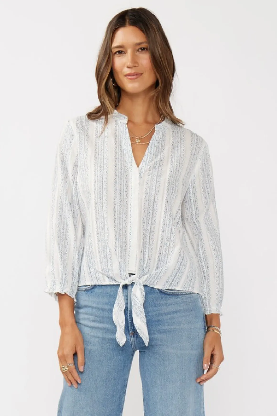 Serenity Long Sleeve Abstract Print Tie Front Top Blue