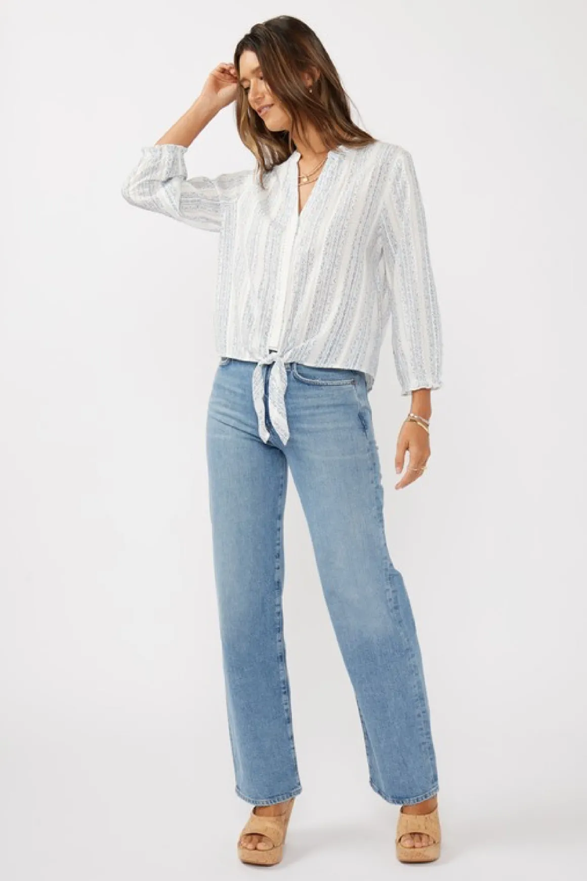 Serenity Long Sleeve Abstract Print Tie Front Top Blue