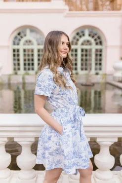 Shaina Short Sleeve Abstract Print Button Down Mini Dress Blue