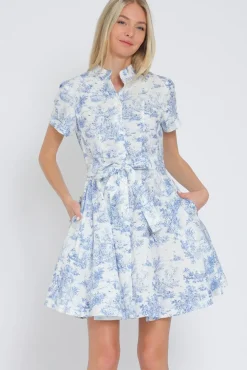Shaina Short Sleeve Abstract Print Button Down Mini Dress Blue