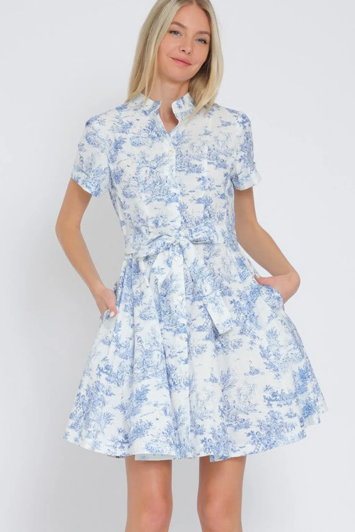 Shaina Short Sleeve Abstract Print Button Down Mini Dress Blue