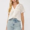 Shayla Short Sleeve Floral Eyelet Print Button Down Top White