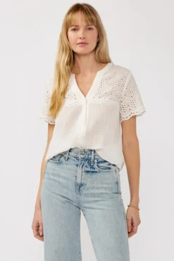 Shayla Short Sleeve Floral Eyelet Print Button Down Top White
