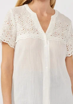 Shayla Short Sleeve Floral Eyelet Print Button Down Top White