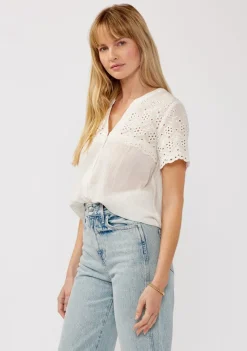 Shayla Short Sleeve Floral Eyelet Print Button Down Top White