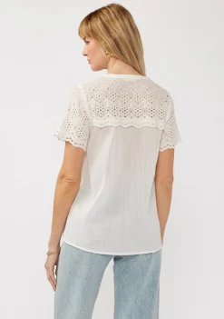 Shayla Short Sleeve Floral Eyelet Print Button Down Top White