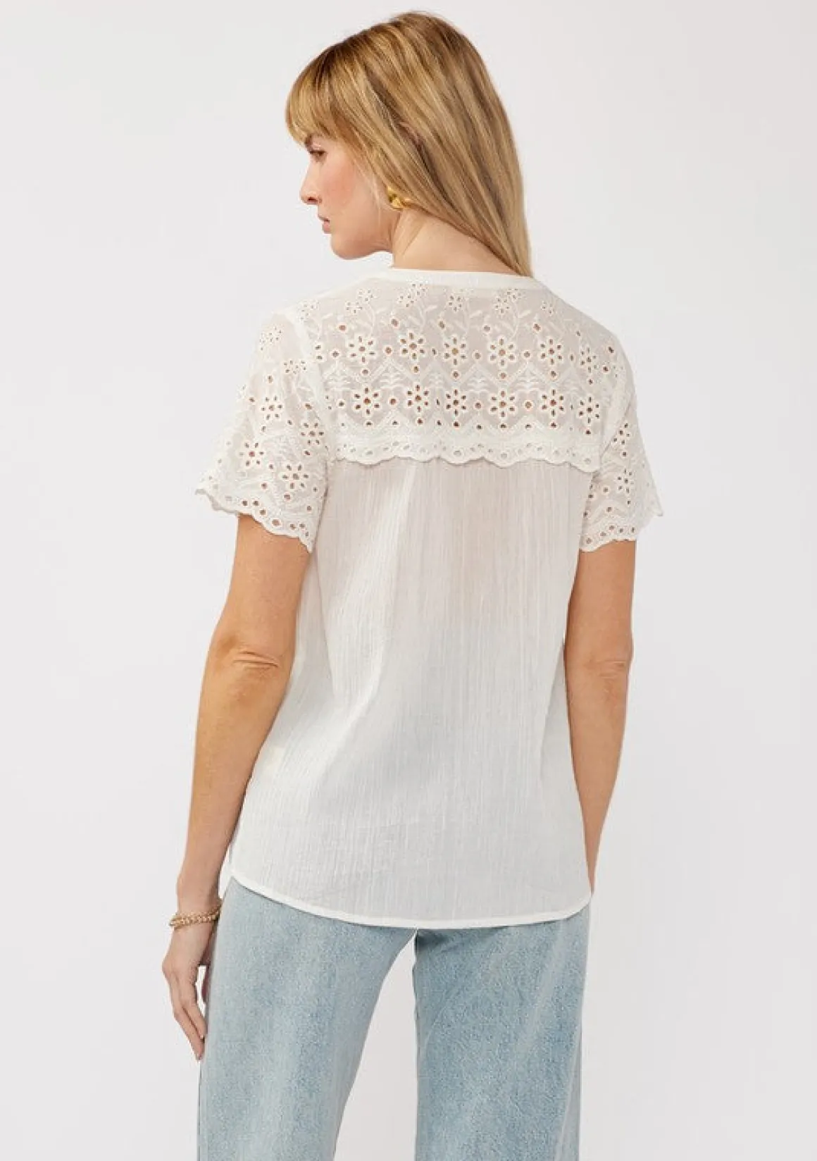Shayla Short Sleeve Floral Eyelet Print Button Down Top White