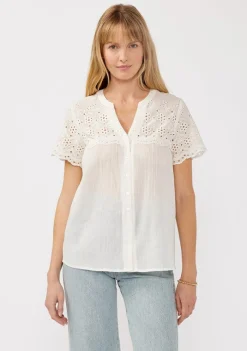 Shayla Short Sleeve Floral Eyelet Print Button Down Top White