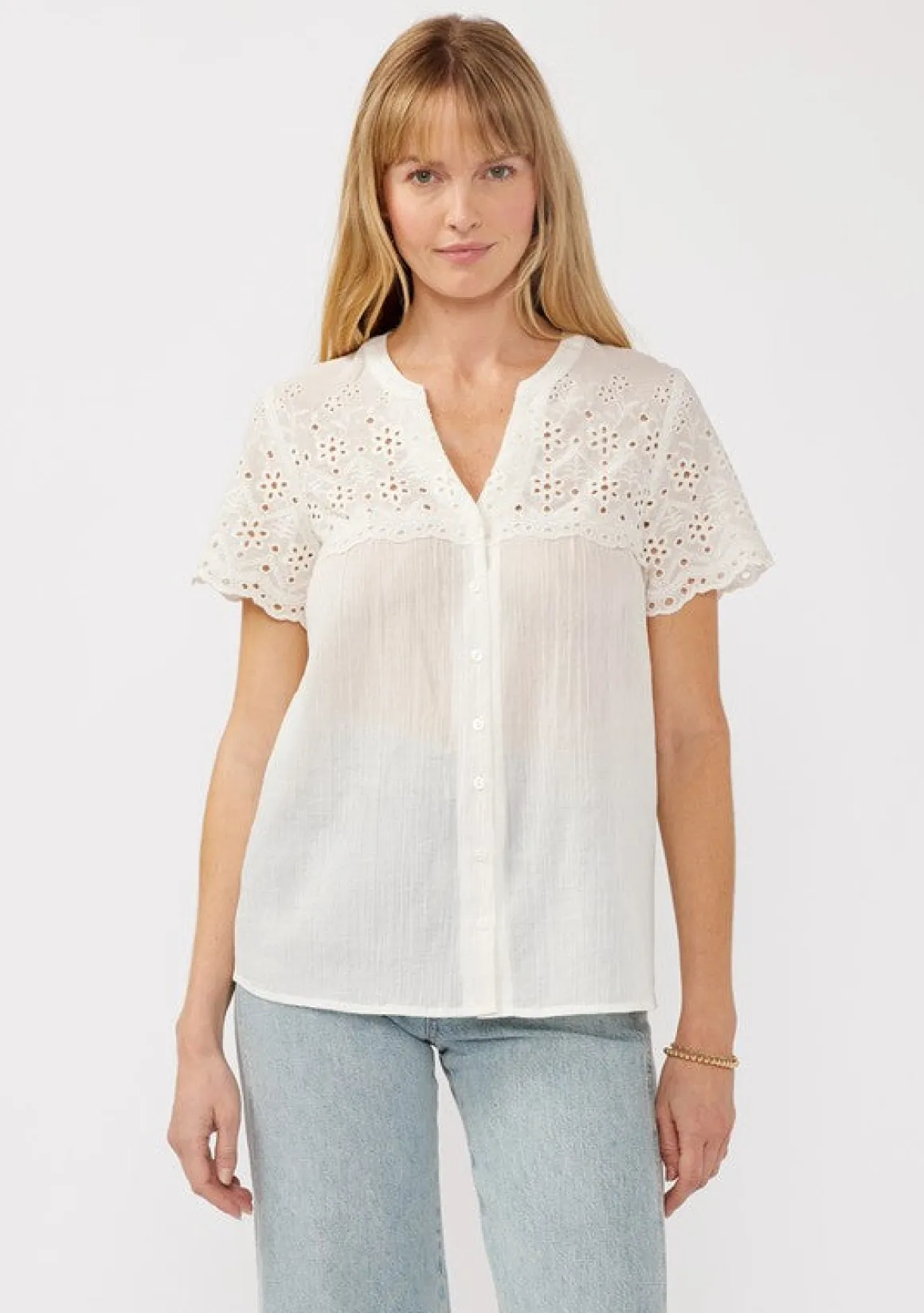 Shayla Short Sleeve Floral Eyelet Print Button Down Top White
