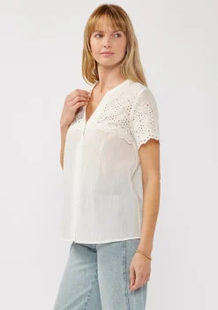 Shayla Short Sleeve Floral Eyelet Print Button Down Top White
