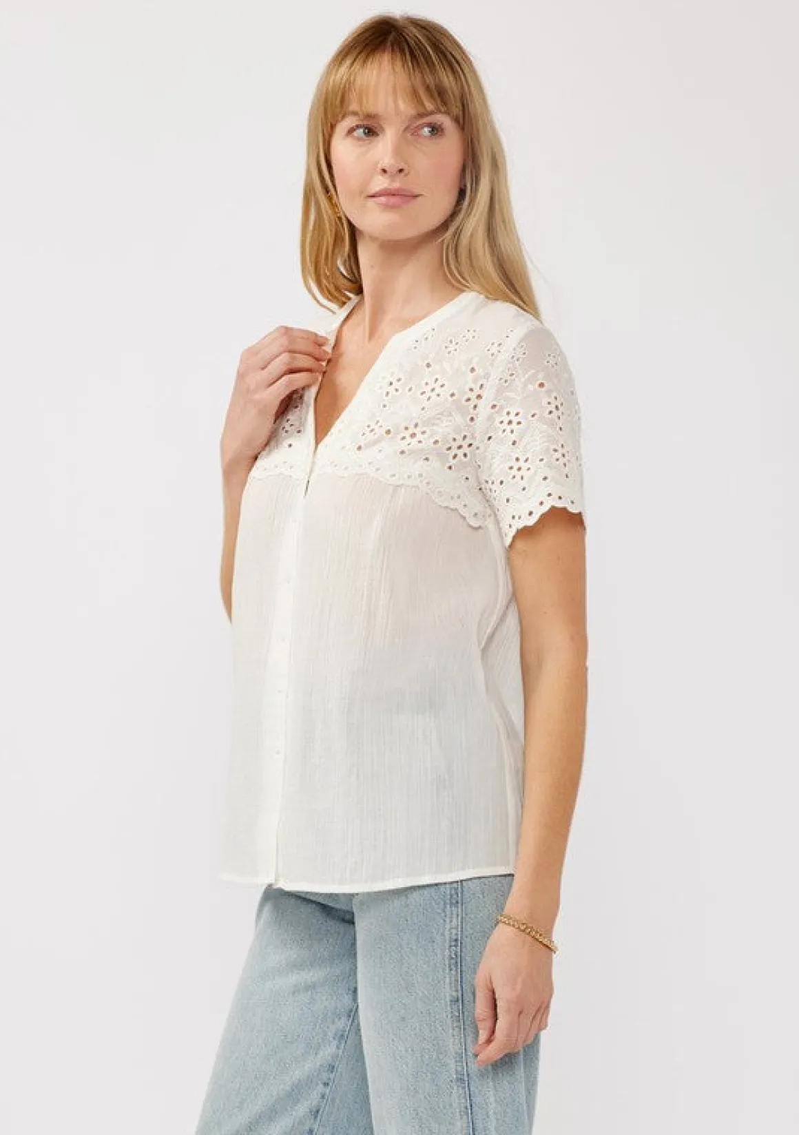 Shayla Short Sleeve Floral Eyelet Print Button Down Top White