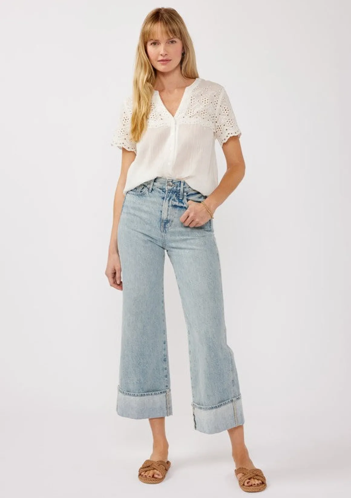 Shayla Short Sleeve Floral Eyelet Print Button Down Top White