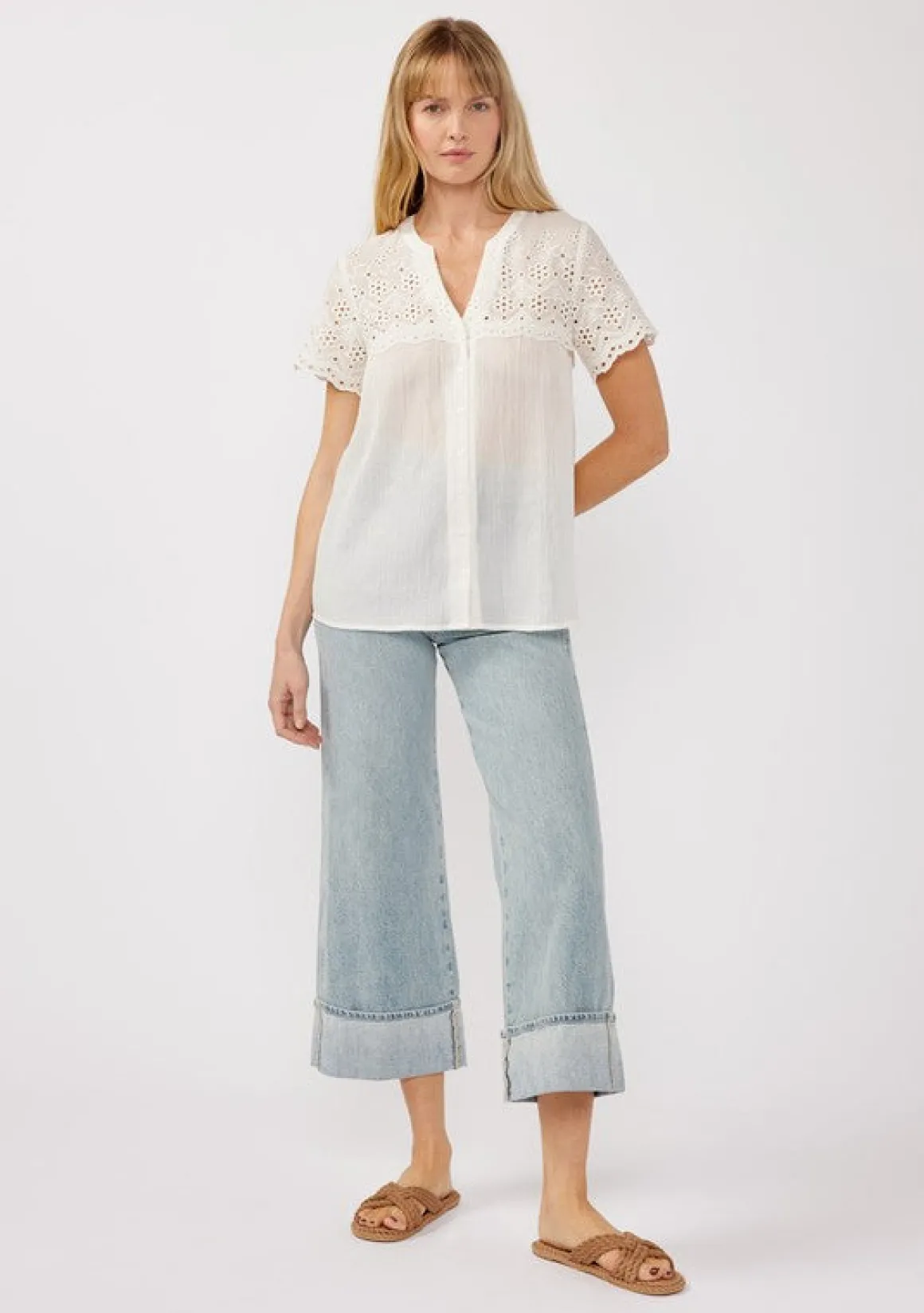 Shayla Short Sleeve Floral Eyelet Print Button Down Top White