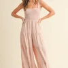 Shea Sleeveless Smocked Tiered Wide Leg Jumpsuit Pink