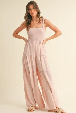 Shea Sleeveless Smocked Tiered Wide Leg Jumpsuit Pink