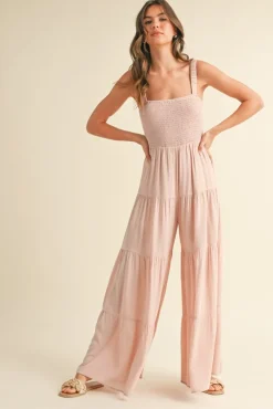 Shea Sleeveless Smocked Tiered Wide Leg Jumpsuit Pink