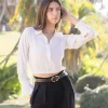 Sheena Long Sleeve Elastic Waist Cropped Satin Top White