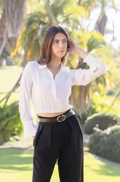Sheena Long Sleeve Elastic Waist Cropped Satin Top White