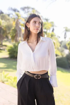 Sheena Long Sleeve Elastic Waist Cropped Satin Top White