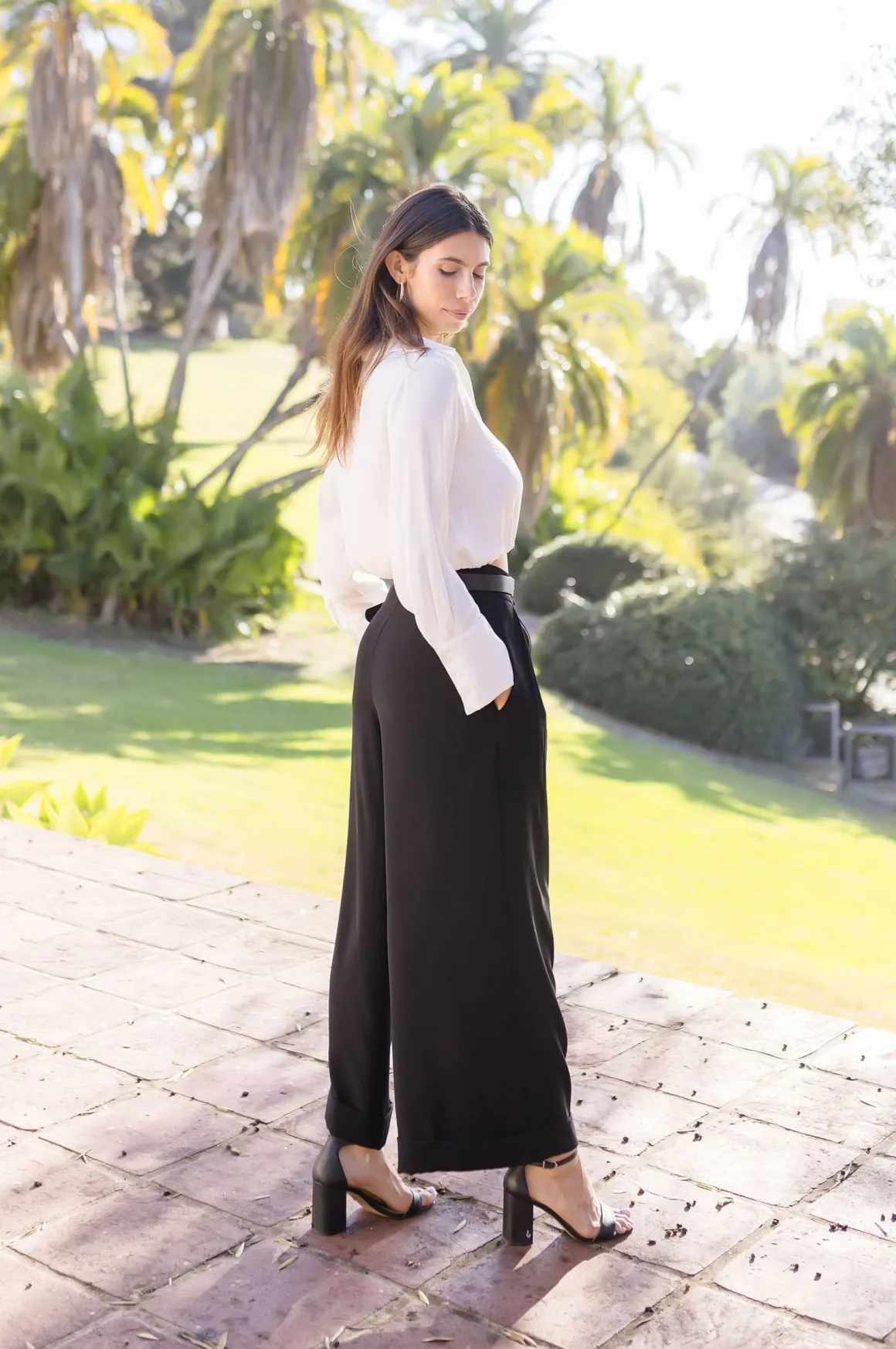 Sheena Long Sleeve Elastic Waist Cropped Satin Top White