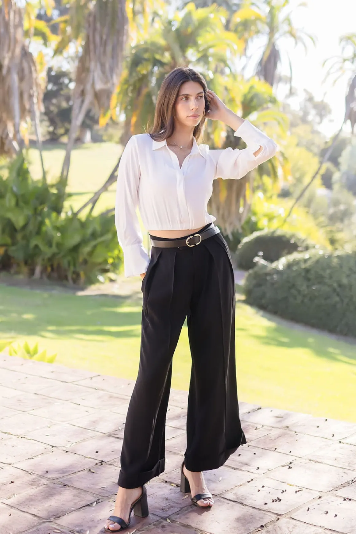 Sheena Long Sleeve Elastic Waist Cropped Satin Top White