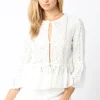 Shelby 3/4 Ruffle Sleeve Front Tie Eyelet Top White