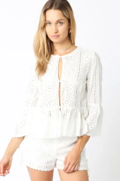 Shelby 3/4 Ruffle Sleeve Front Tie Eyelet Top White