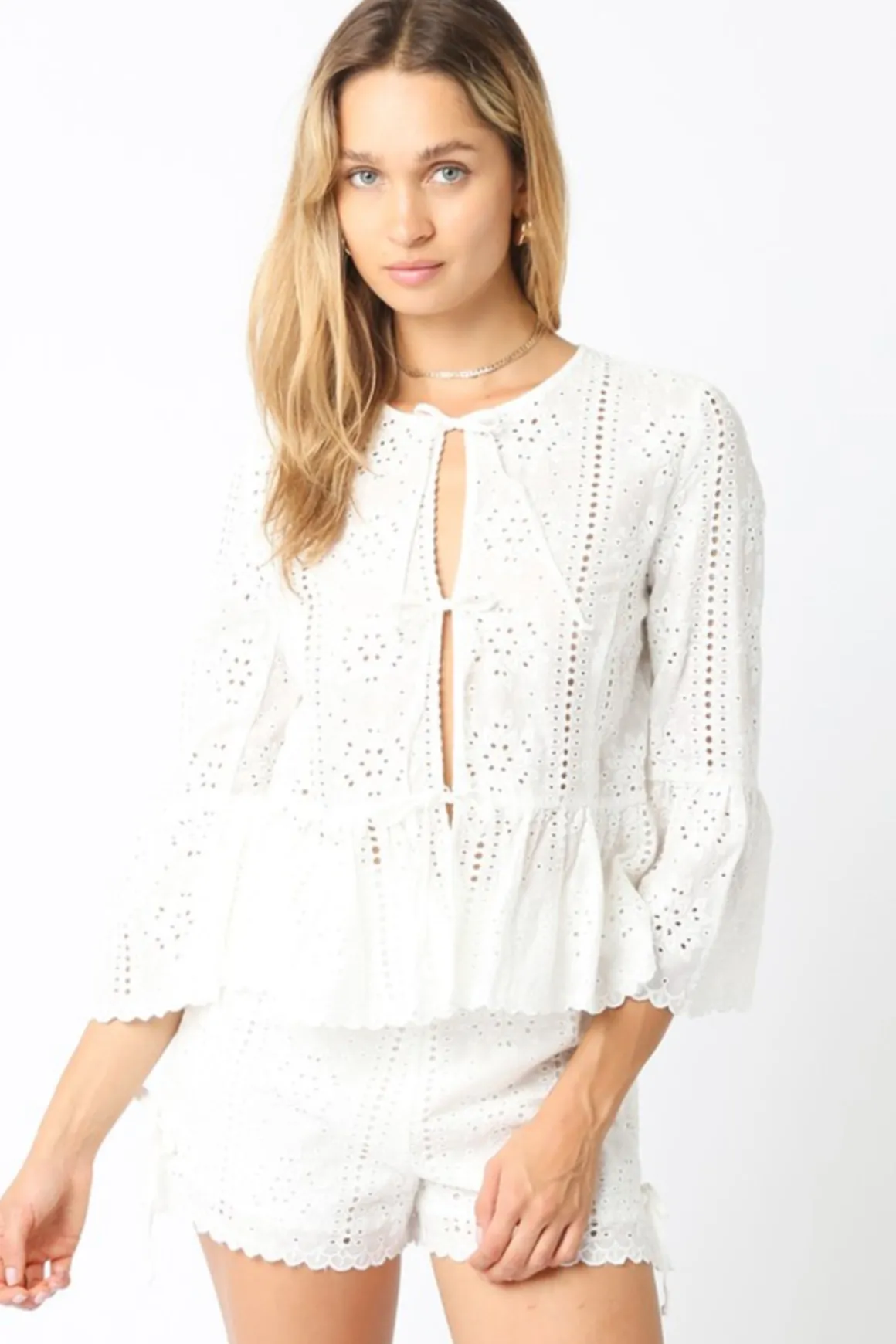 Shelby 3/4 Ruffle Sleeve Front Tie Eyelet Top White