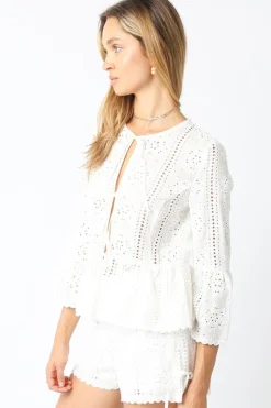 Shelby 3/4 Ruffle Sleeve Front Tie Eyelet Top White