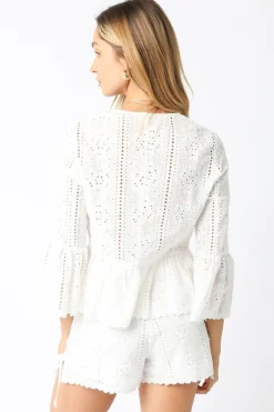 Shelby 3/4 Ruffle Sleeve Front Tie Eyelet Top White