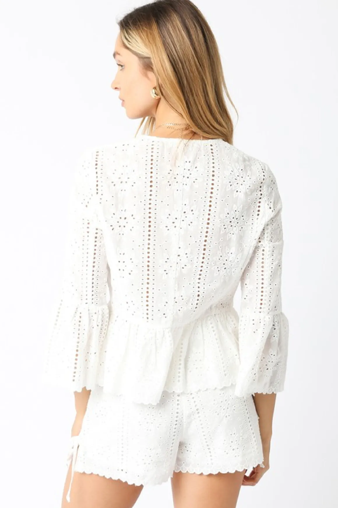 Shelby 3/4 Ruffle Sleeve Front Tie Eyelet Top White