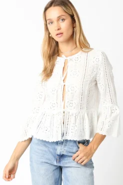 Shelby 3/4 Ruffle Sleeve Front Tie Eyelet Top White