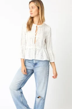 Shelby 3/4 Ruffle Sleeve Front Tie Eyelet Top White