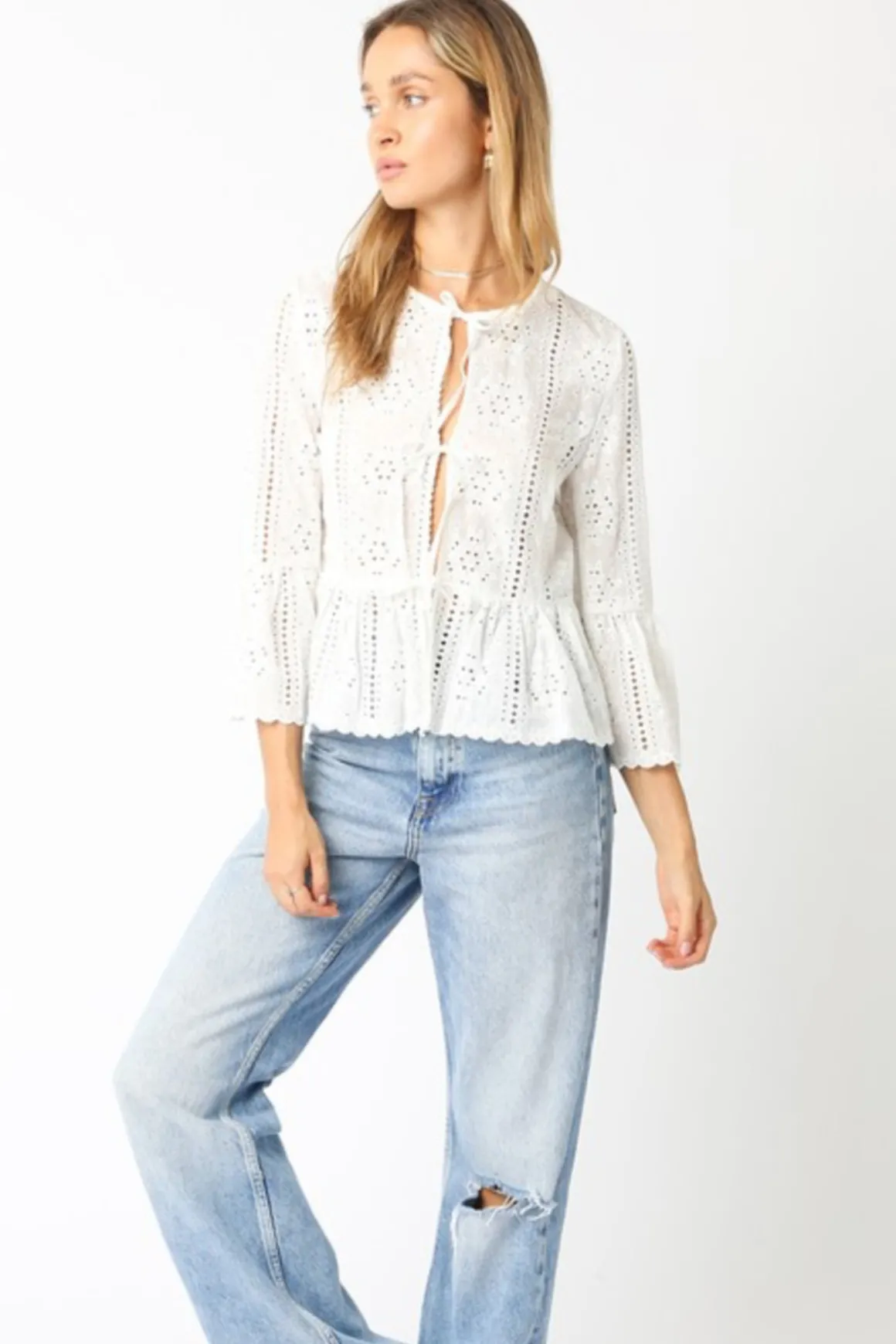 Shelby 3/4 Ruffle Sleeve Front Tie Eyelet Top White