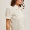 Sheri Short Puff Sleeve Button Down Eyelet Top Natural