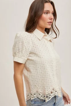 Sheri Short Puff Sleeve Button Down Eyelet Top Natural
