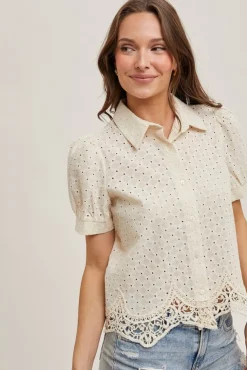 Sheri Short Puff Sleeve Button Down Eyelet Top Natural