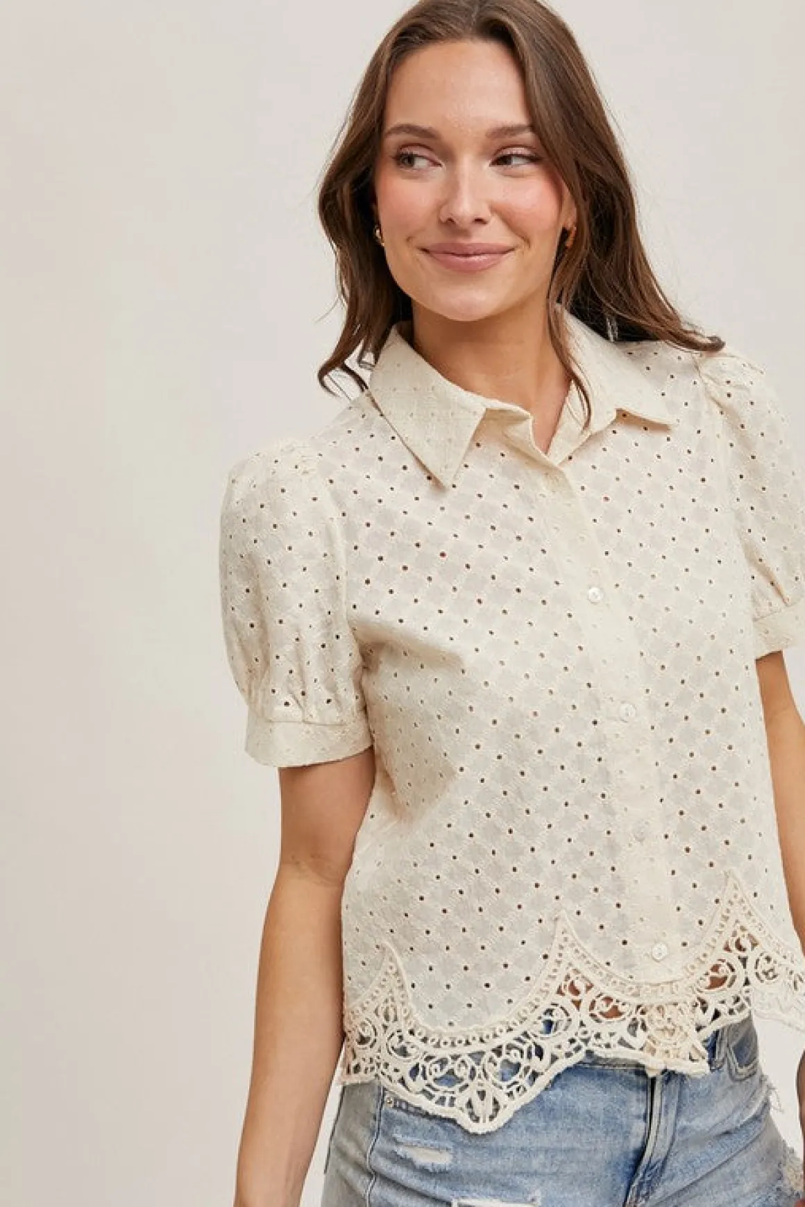 Sheri Short Puff Sleeve Button Down Eyelet Top Natural