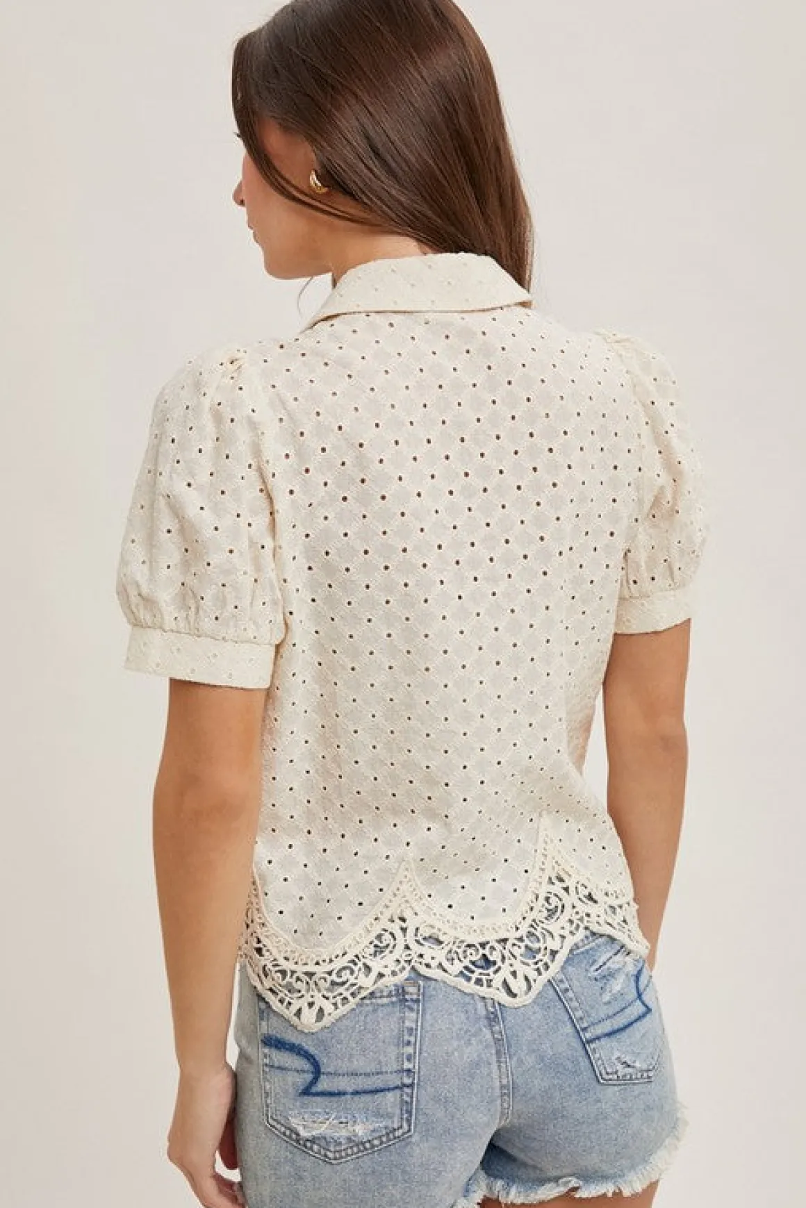 Sheri Short Puff Sleeve Button Down Eyelet Top Natural