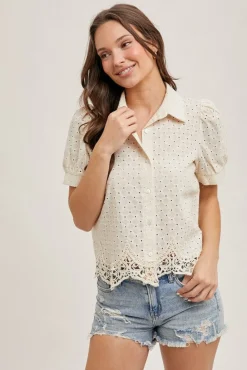 Sheri Short Puff Sleeve Button Down Eyelet Top Natural