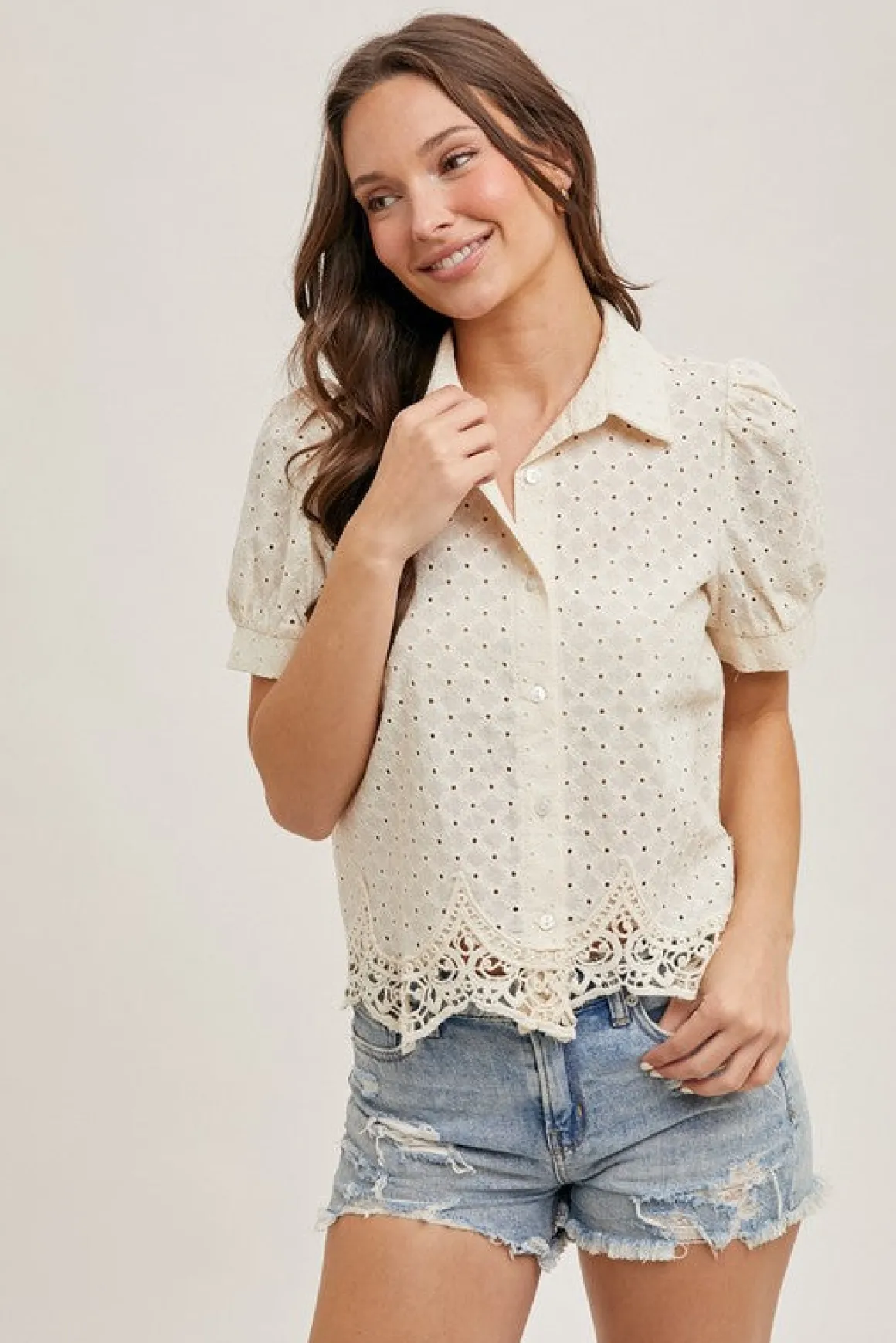 Sheri Short Puff Sleeve Button Down Eyelet Top Natural